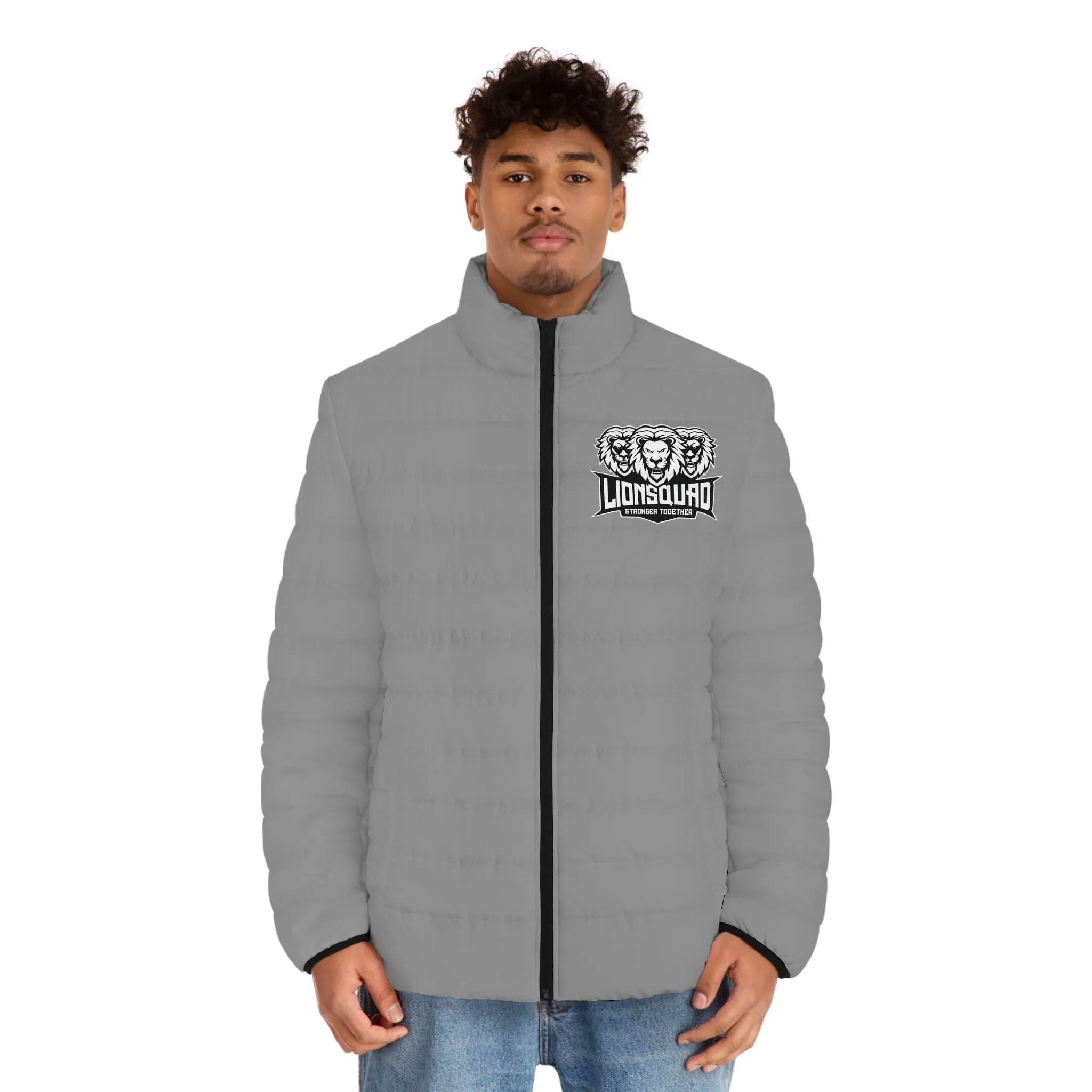 Gray "LIONSQUAD" Men's Puffer Jacket (AOP)