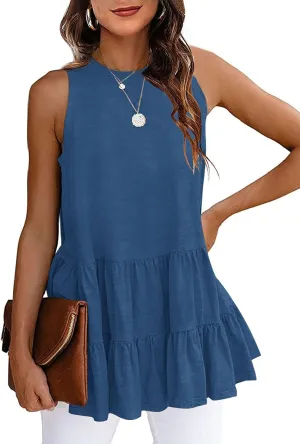 HAEOF Women's Summer Sleeveless Peplum Babydoll Tops Casual Crew Neck Flowy Loose Fit Tunic Tank Shirts