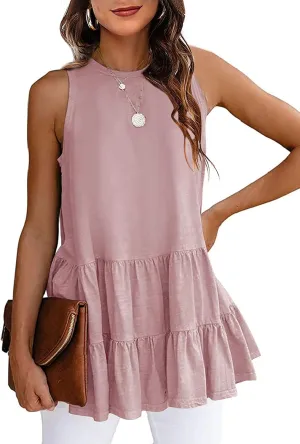 HAEOF Women's Summer Sleeveless Peplum Babydoll Tops Casual Crew Neck Flowy Loose Fit Tunic Tank Shirts