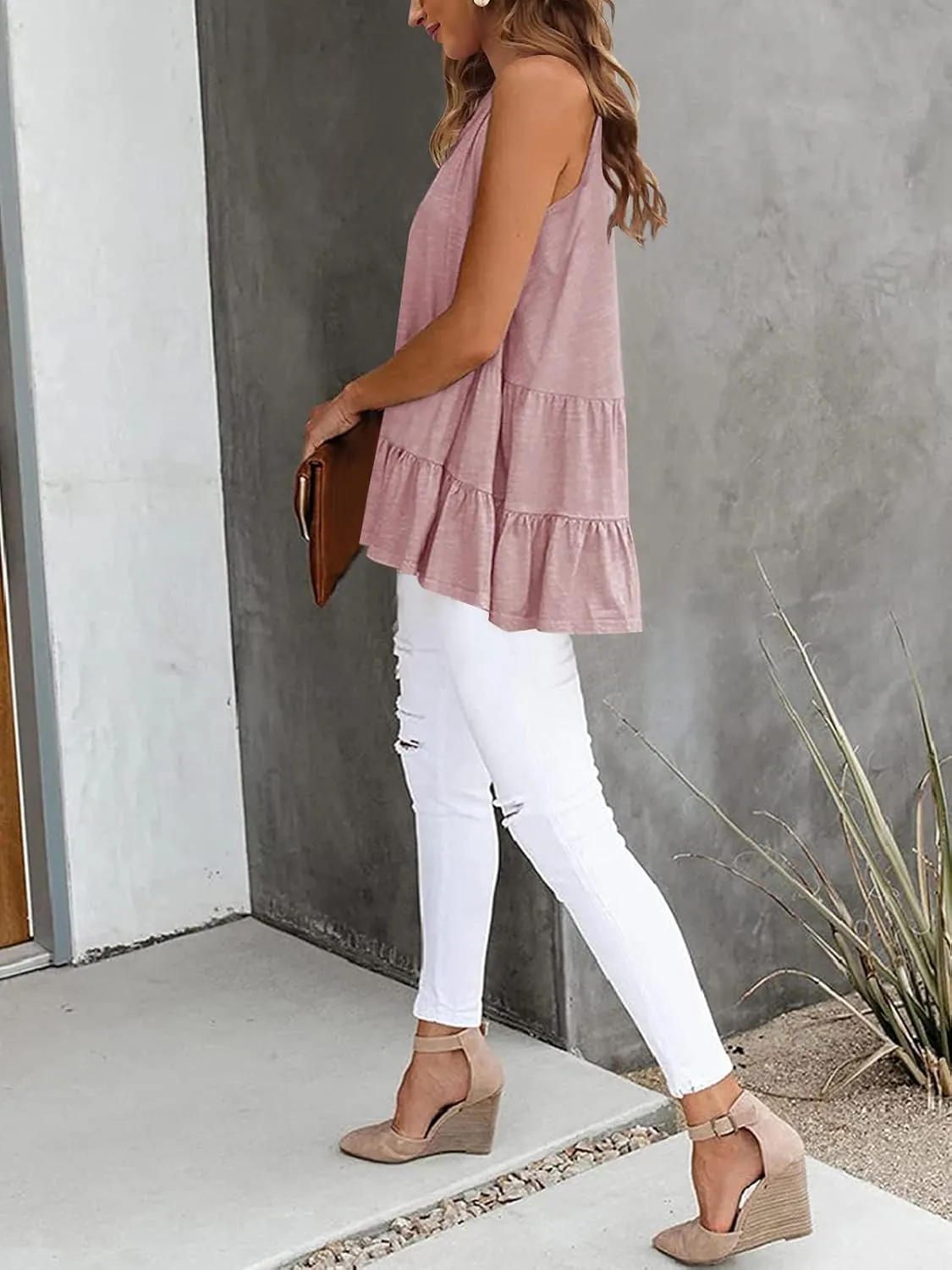 HAEOF Women's Summer Sleeveless Peplum Babydoll Tops Casual Crew Neck Flowy Loose Fit Tunic Tank Shirts