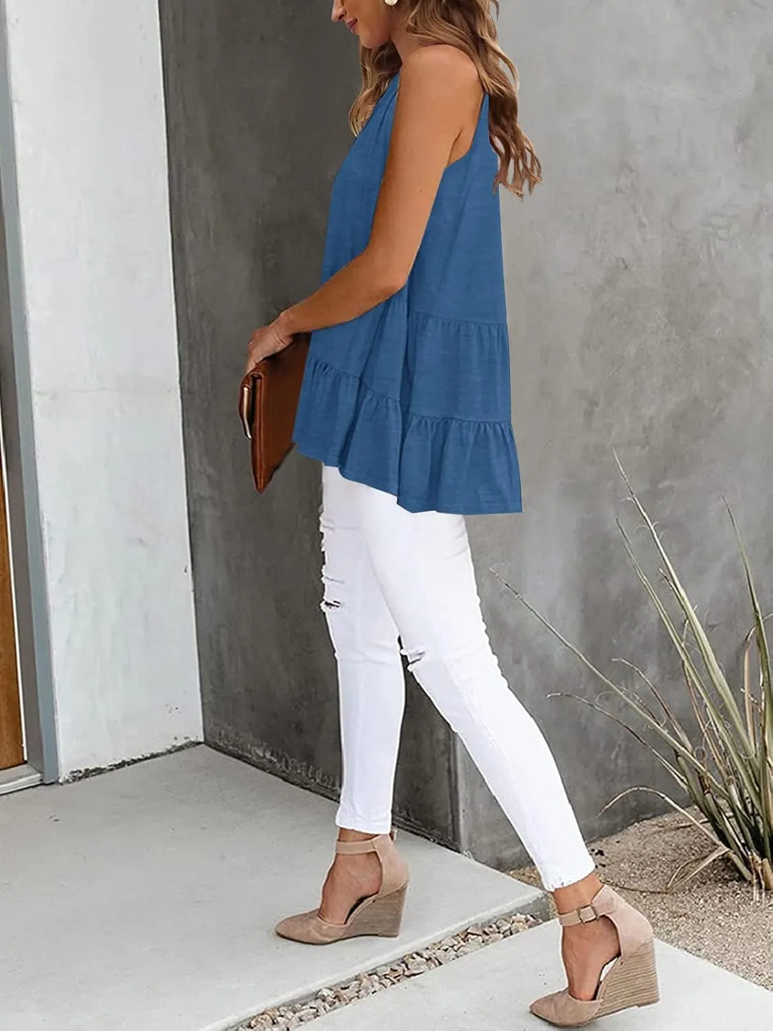 HAEOF Women's Summer Sleeveless Peplum Babydoll Tops Casual Crew Neck Flowy Loose Fit Tunic Tank Shirts