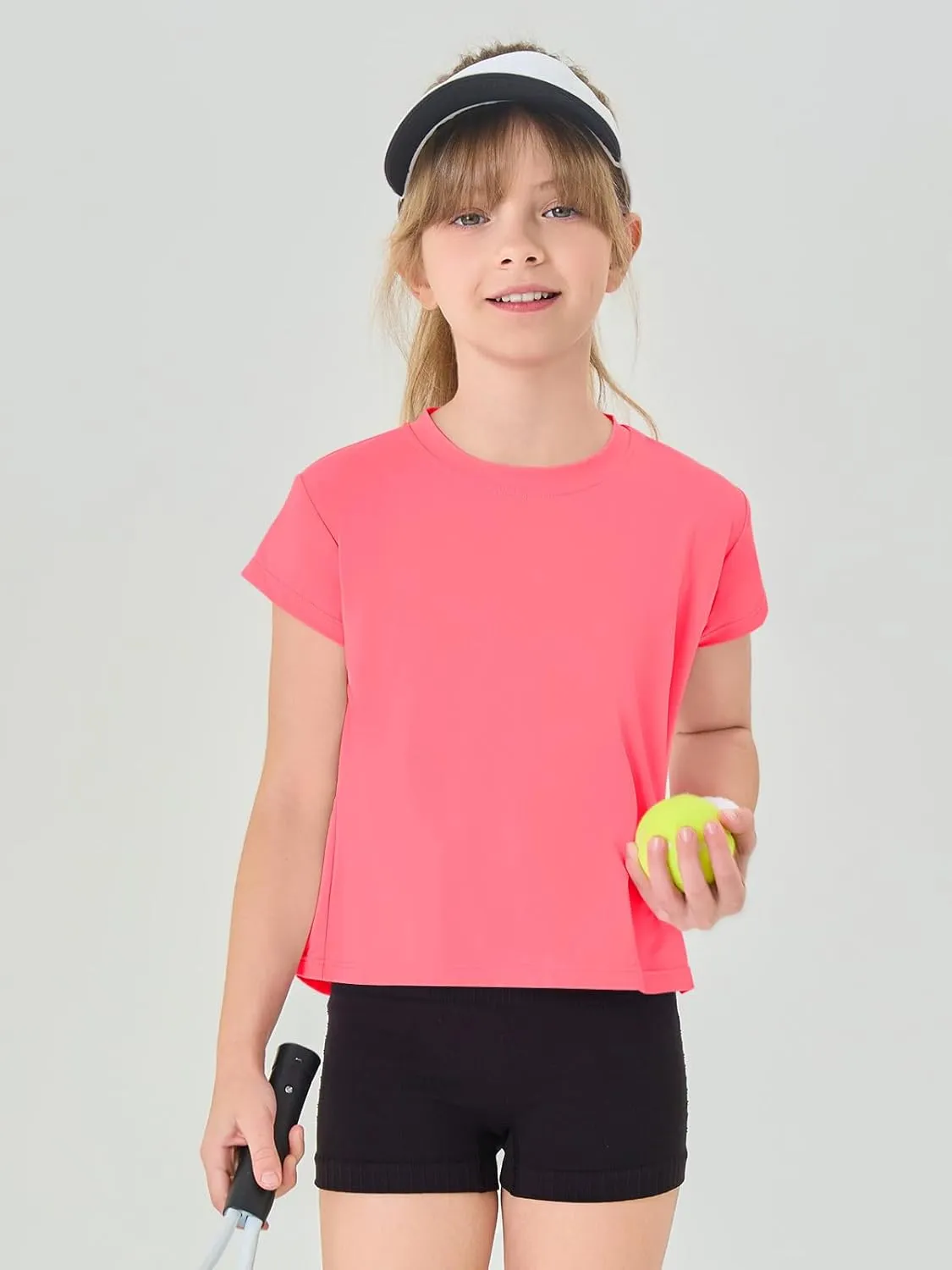 Haloumoning Girls Loose Athletic Shirts Short Sleeve Crop Tops Kids Quick Dry Gym Yoga Tees 5-14 Years