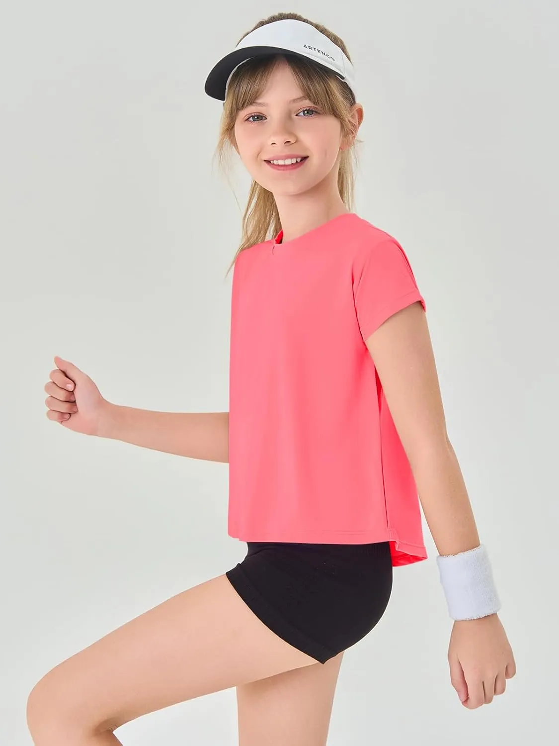 Haloumoning Girls Loose Athletic Shirts Short Sleeve Crop Tops Kids Quick Dry Gym Yoga Tees 5-14 Years