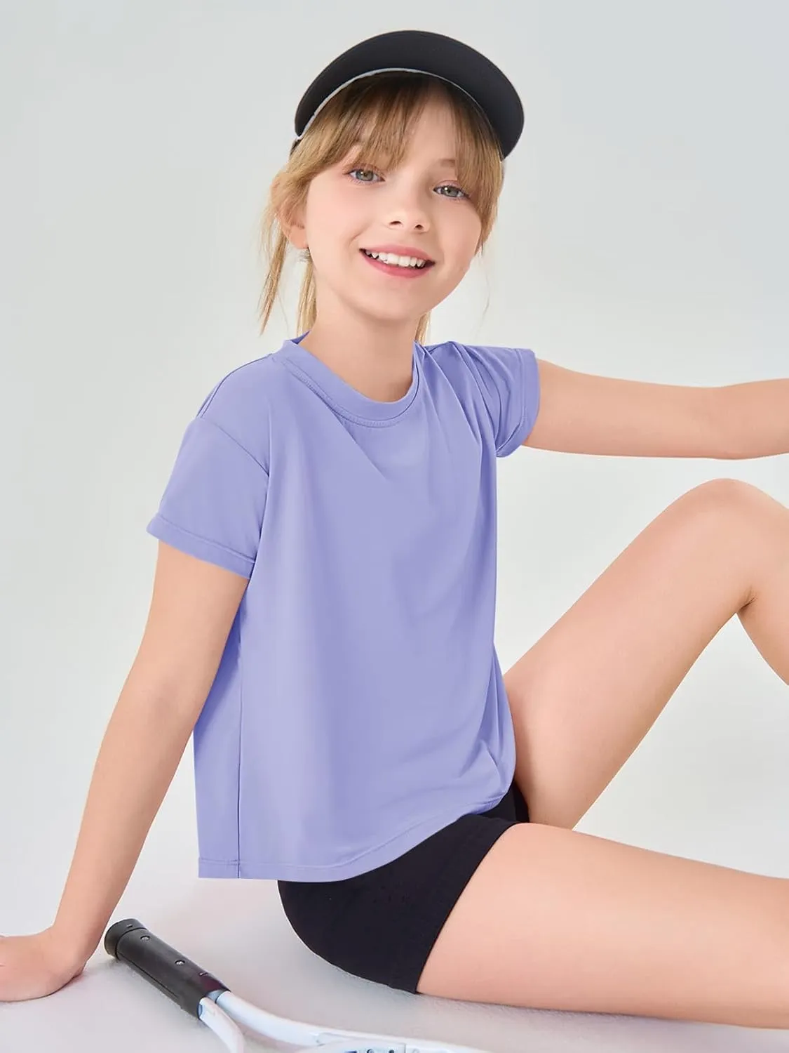 Haloumoning Girls Loose Athletic Shirts Short Sleeve Crop Tops Kids Quick Dry Gym Yoga Tees 5-14 Years