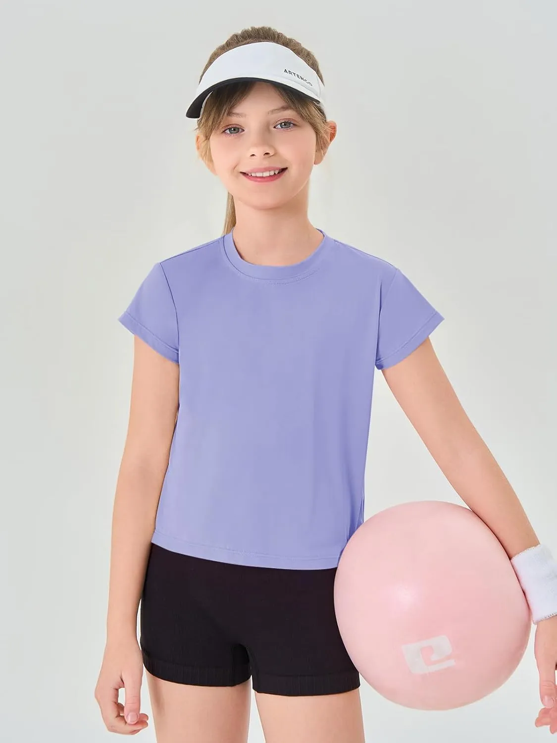 Haloumoning Girls Loose Athletic Shirts Short Sleeve Crop Tops Kids Quick Dry Gym Yoga Tees 5-14 Years