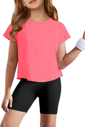 Haloumoning Girls Loose Athletic Shirts Short Sleeve Crop Tops Kids Quick Dry Gym Yoga Tees 5-14 Years