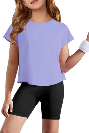 Haloumoning Girls Loose Athletic Shirts Short Sleeve Crop Tops Kids Quick Dry Gym Yoga Tees 5-14 Years