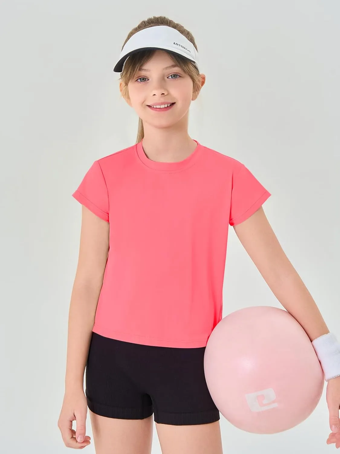 Haloumoning Girls Loose Athletic Shirts Short Sleeve Crop Tops Kids Quick Dry Gym Yoga Tees 5-14 Years