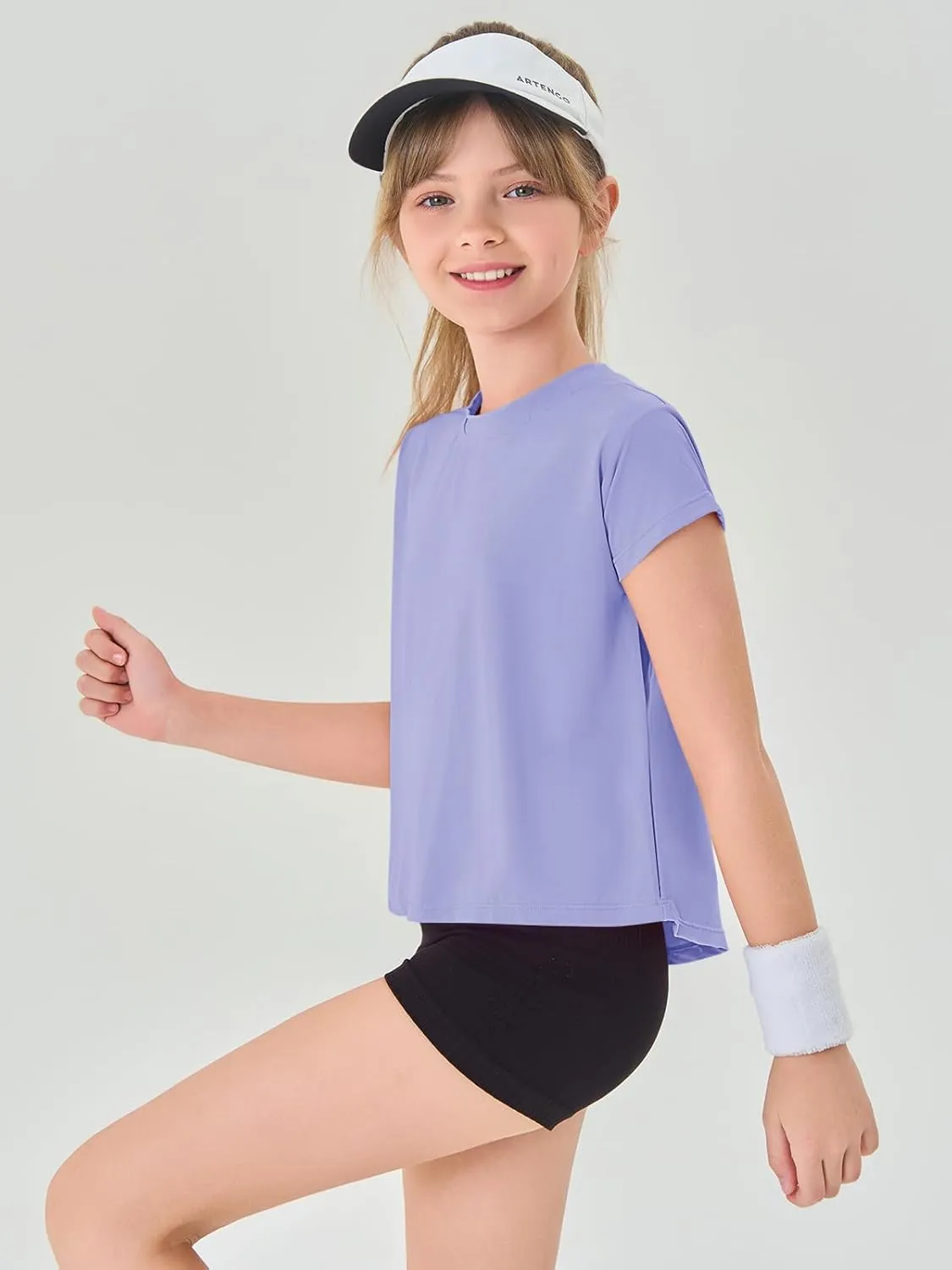 Haloumoning Girls Loose Athletic Shirts Short Sleeve Crop Tops Kids Quick Dry Gym Yoga Tees 5-14 Years