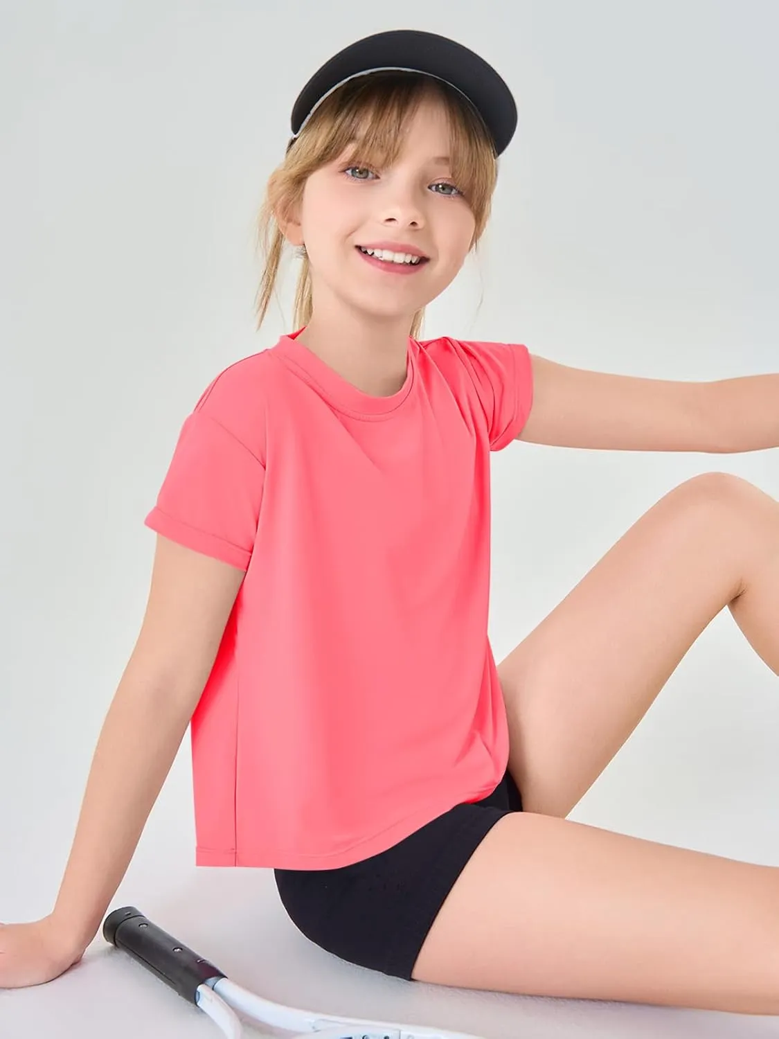 Haloumoning Girls Loose Athletic Shirts Short Sleeve Crop Tops Kids Quick Dry Gym Yoga Tees 5-14 Years