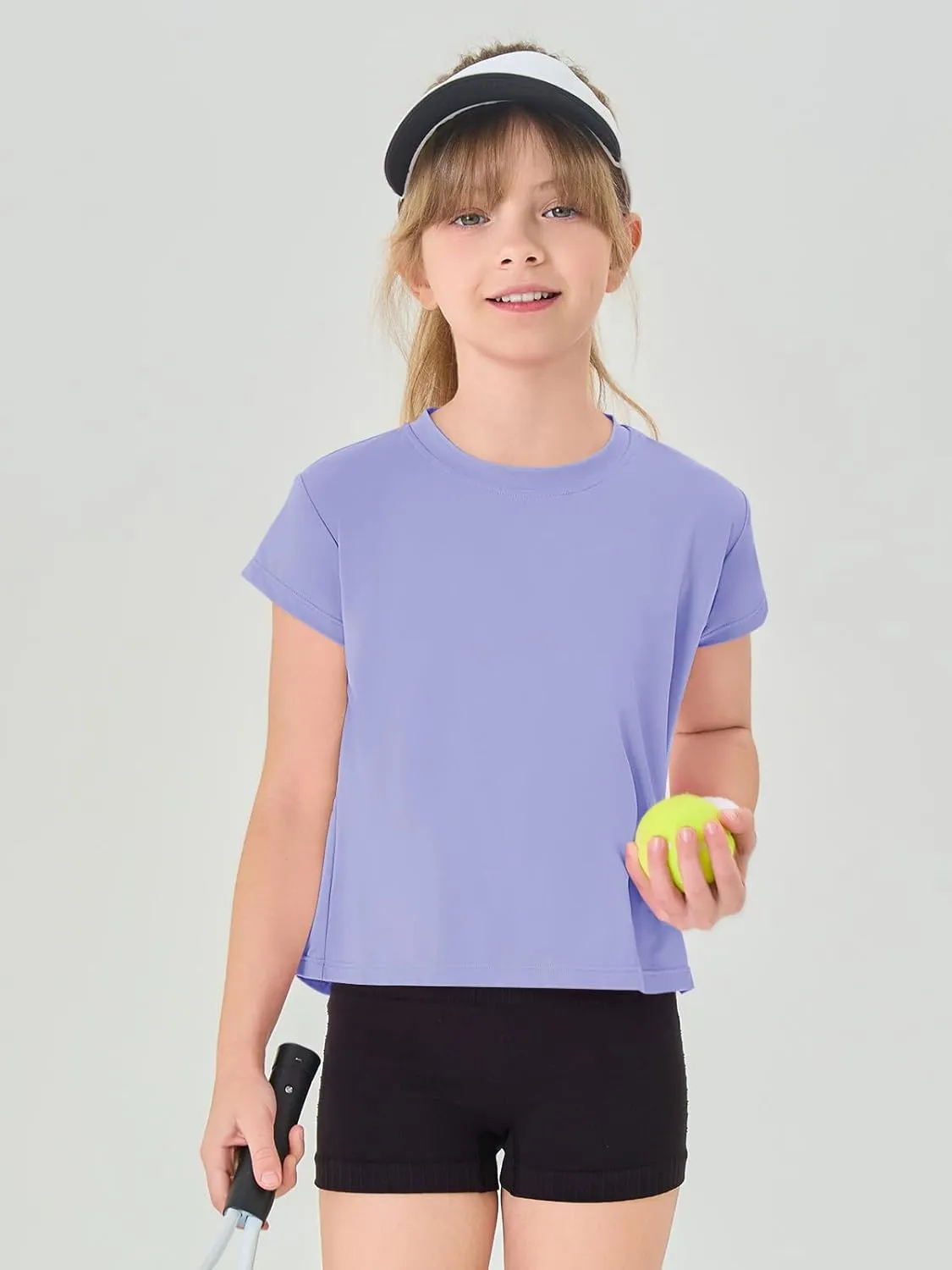 Haloumoning Girls Loose Athletic Shirts Short Sleeve Crop Tops Kids Quick Dry Gym Yoga Tees 5-14 Years