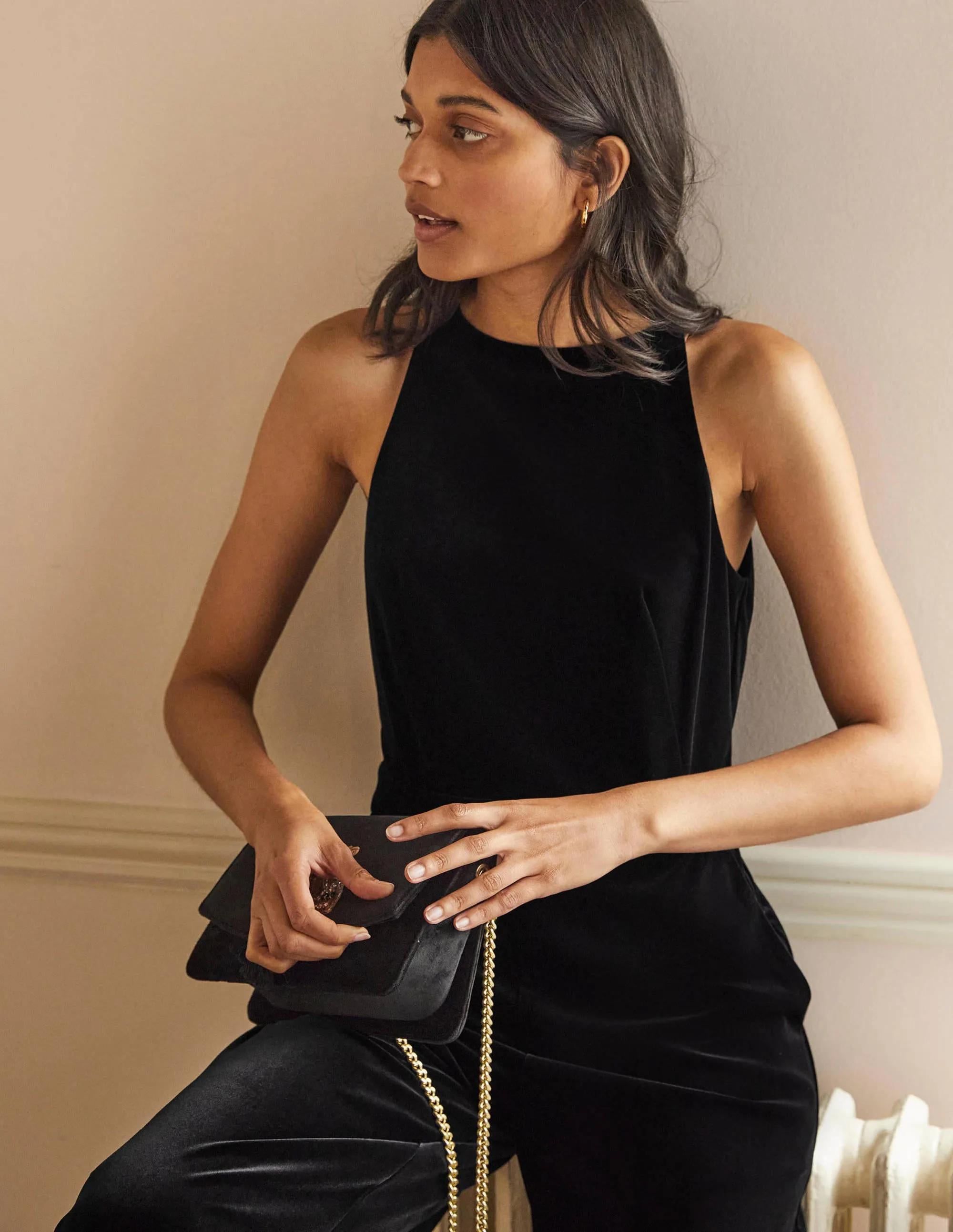 Halterneck Velvet Jumpsuit-Black