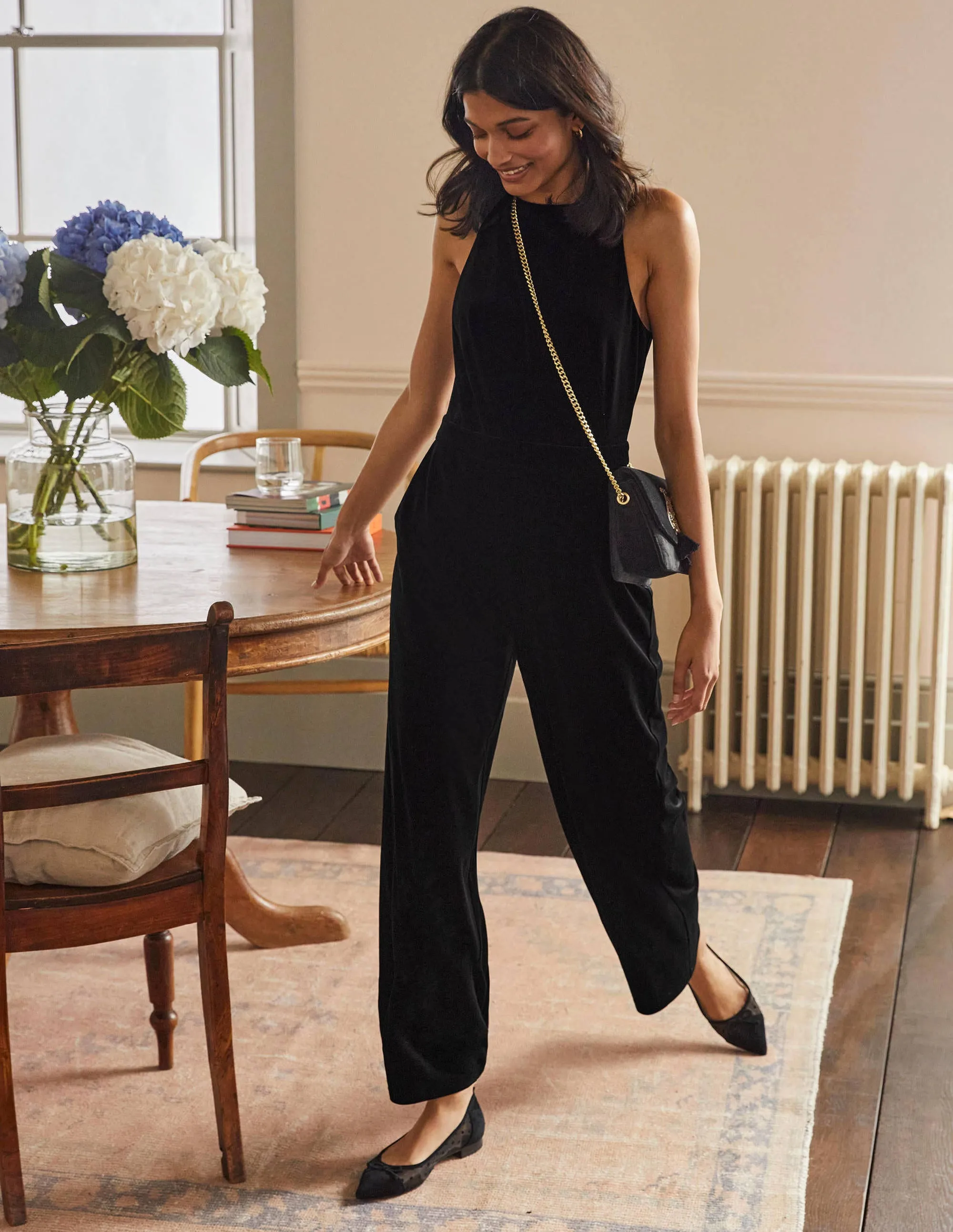 Halterneck Velvet Jumpsuit-Black