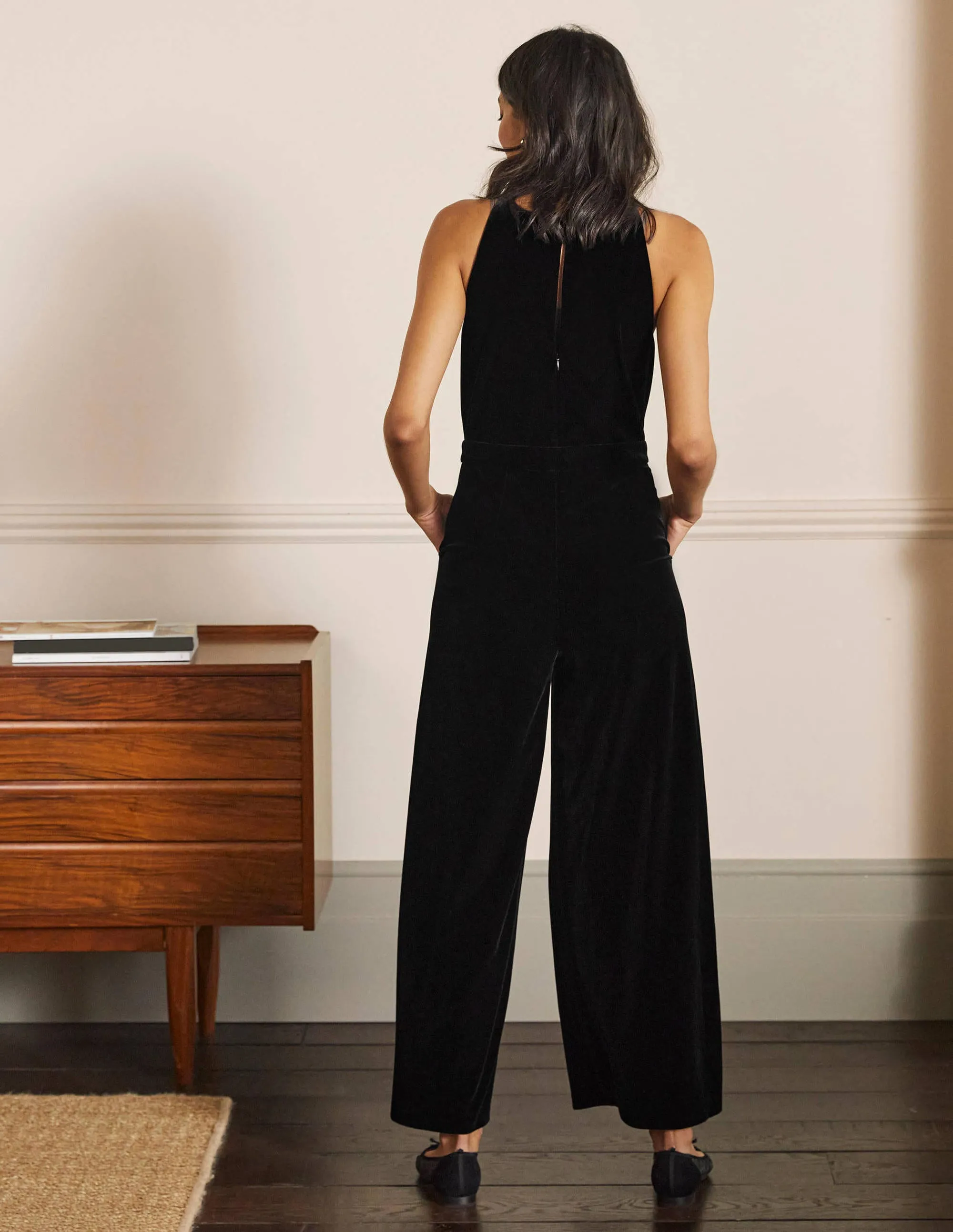 Halterneck Velvet Jumpsuit-Black