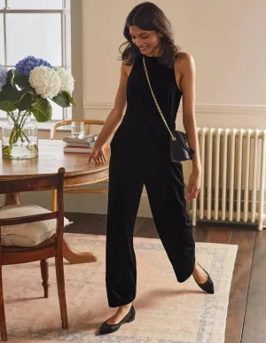 Halterneck Velvet Jumpsuit-Black