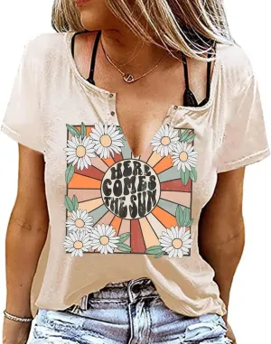 Here Come The Sun Shirt Women Cute Floral Graphic Tshirt Travel Beach Vacation Shirt Casual Holiday Summer Tee Tops