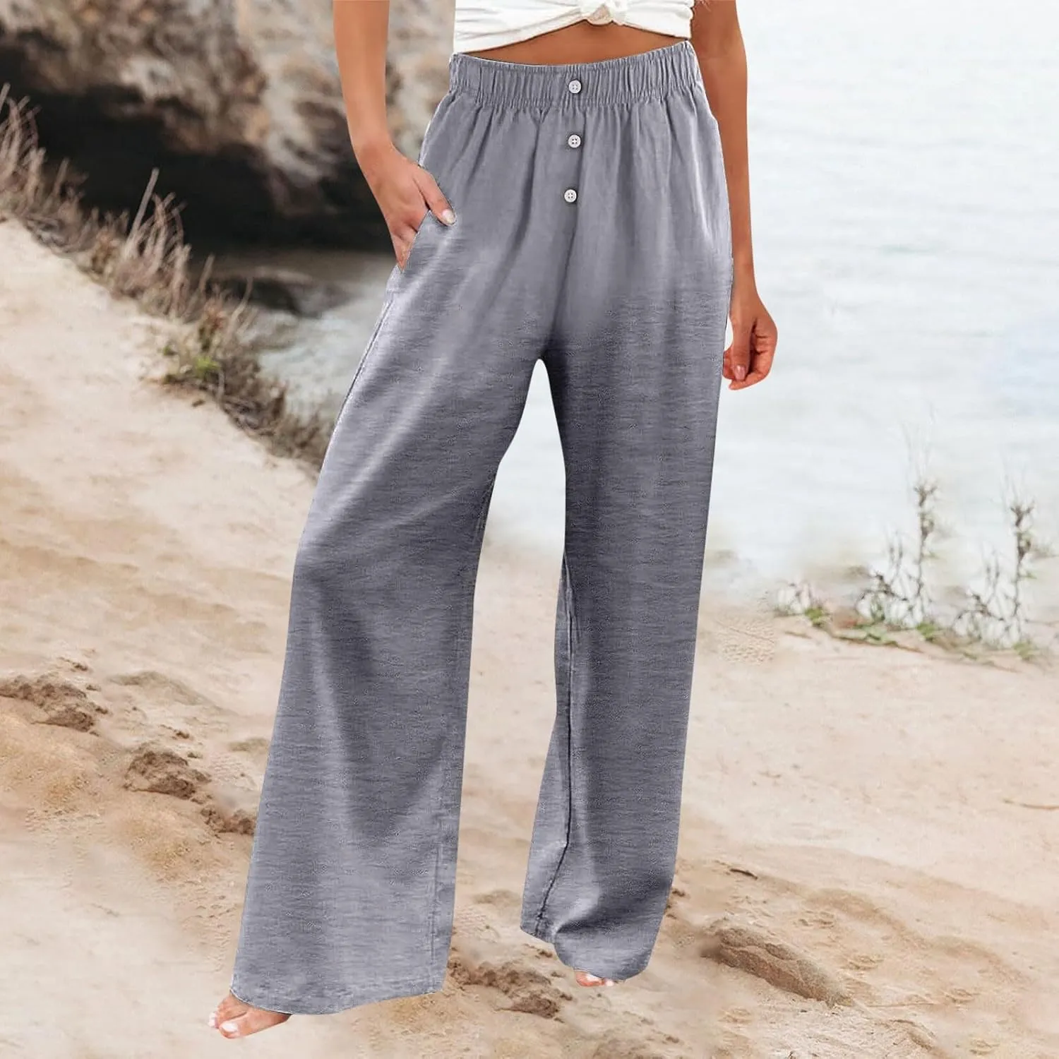 High Waisted Linen Pants Women Summer Casual Flowy Boho Beach Pants Lightweight Comfy Loose Linen Trousers w/Pockets