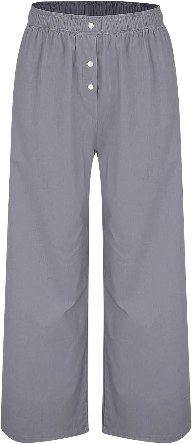 High Waisted Linen Pants Women Summer Casual Flowy Boho Beach Pants Lightweight Comfy Loose Linen Trousers w/Pockets