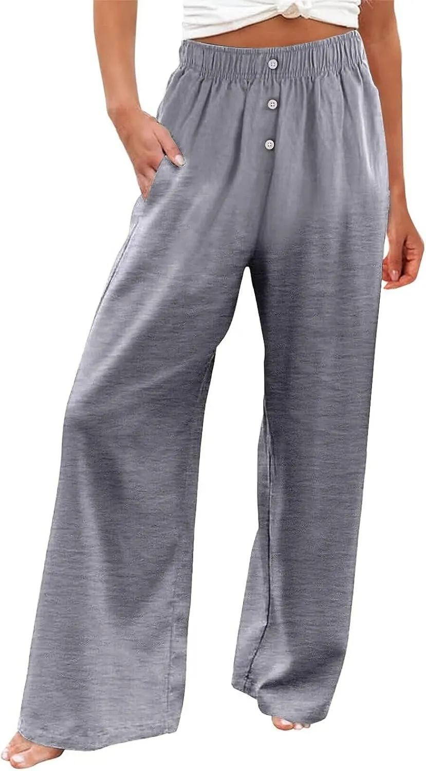 High Waisted Linen Pants Women Summer Casual Flowy Boho Beach Pants Lightweight Comfy Loose Linen Trousers w/Pockets