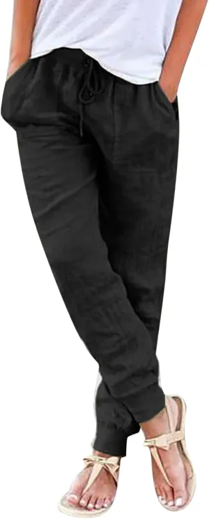 High Waisted Trousers Women Casual Ankle Length Tapered Pant Linen Drawstring Waist Summer Casual Pull On Sweatpant