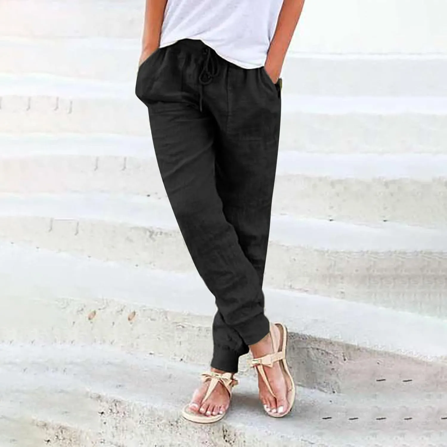High Waisted Trousers Women Casual Ankle Length Tapered Pant Linen Drawstring Waist Summer Casual Pull On Sweatpant
