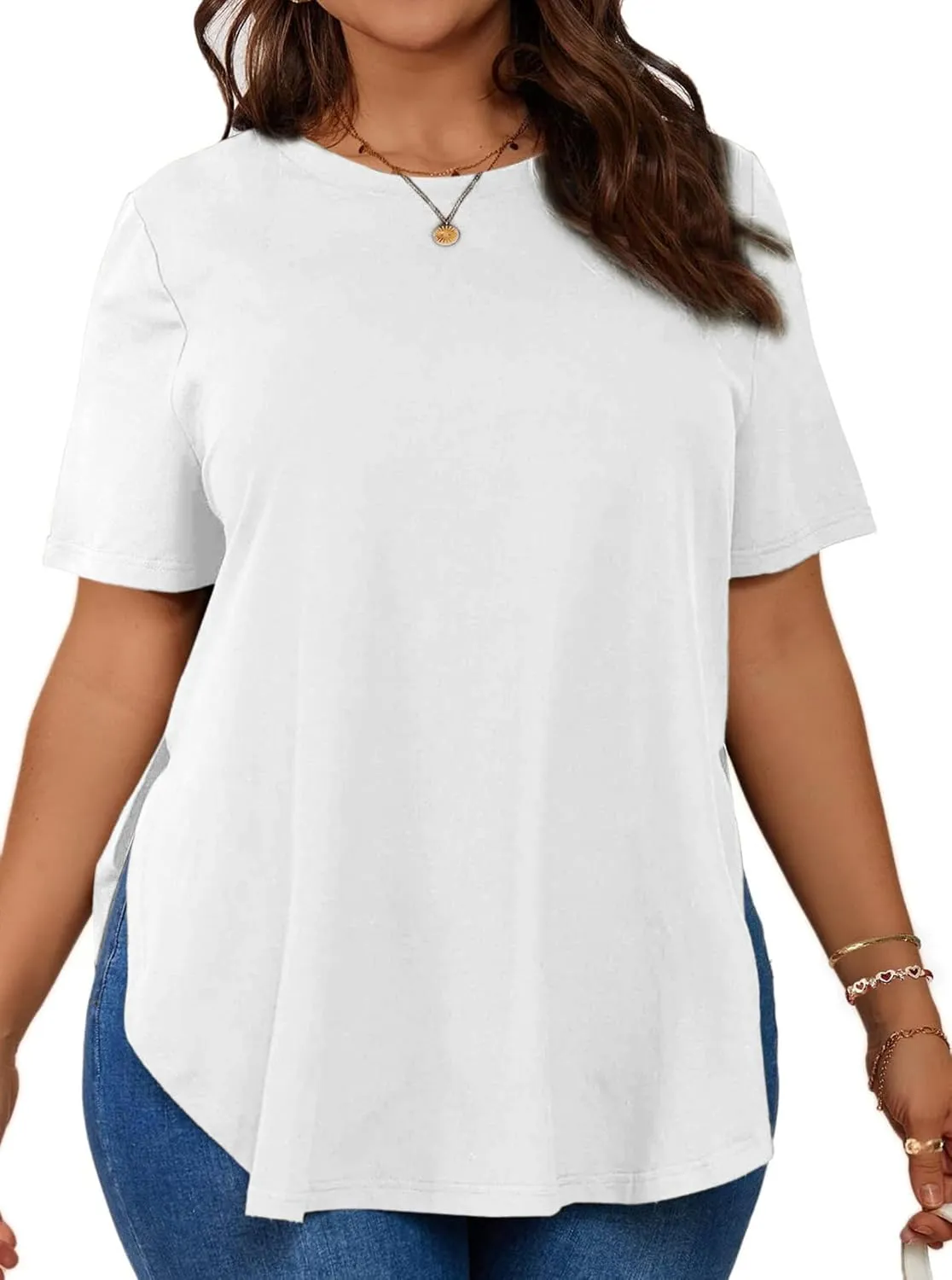 Hilinker Women's Plus Size Short Sleeve Tunic Tops Loose Fit Dressy Side Slit Tees Asymmetrical Hem T Shirts