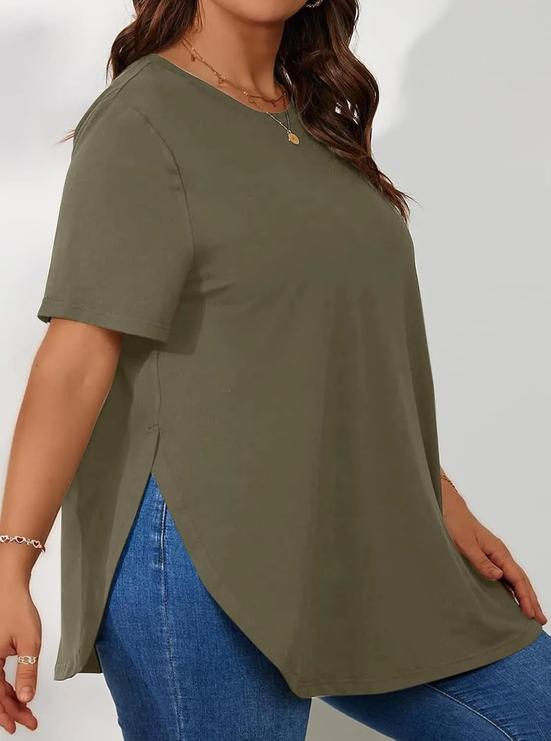 Hilinker Women's Plus Size Short Sleeve Tunic Tops Loose Fit Dressy Side Slit Tees Asymmetrical Hem T Shirts