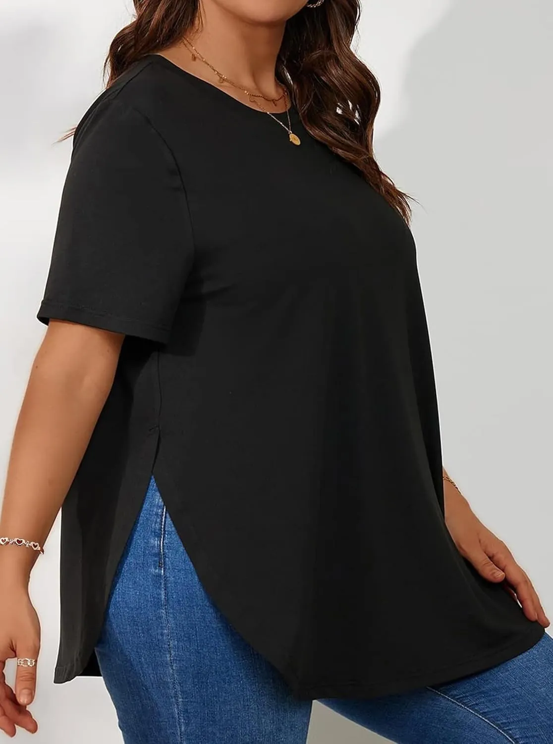 Hilinker Women's Plus Size Short Sleeve Tunic Tops Loose Fit Dressy Side Slit Tees Asymmetrical Hem T Shirts