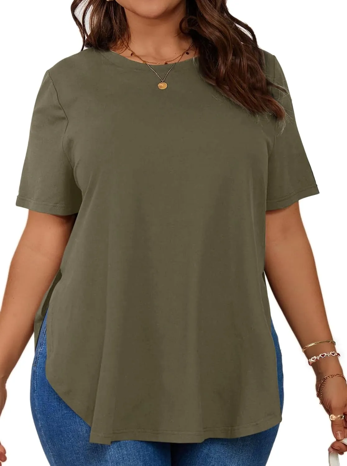 Hilinker Women's Plus Size Short Sleeve Tunic Tops Loose Fit Dressy Side Slit Tees Asymmetrical Hem T Shirts