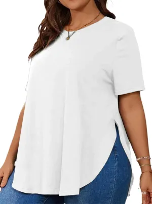 Hilinker Women's Plus Size Short Sleeve Tunic Tops Loose Fit Dressy Side Slit Tees Asymmetrical Hem T Shirts