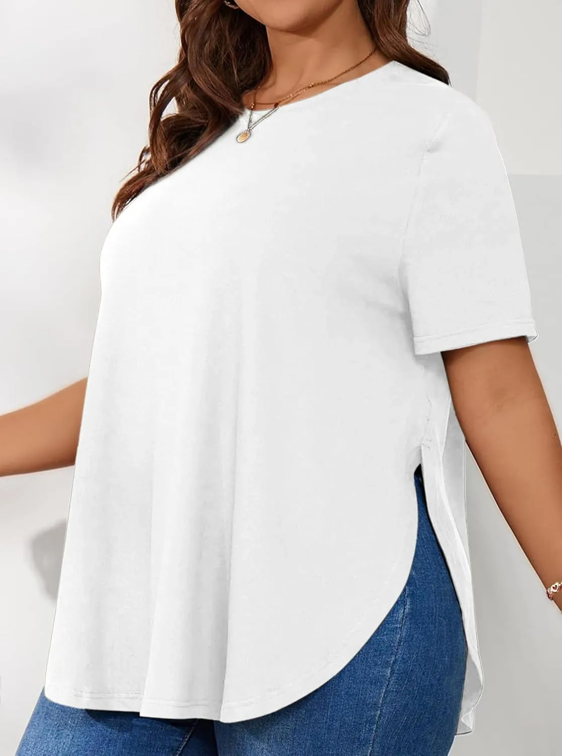 Hilinker Women's Plus Size Short Sleeve Tunic Tops Loose Fit Dressy Side Slit Tees Asymmetrical Hem T Shirts