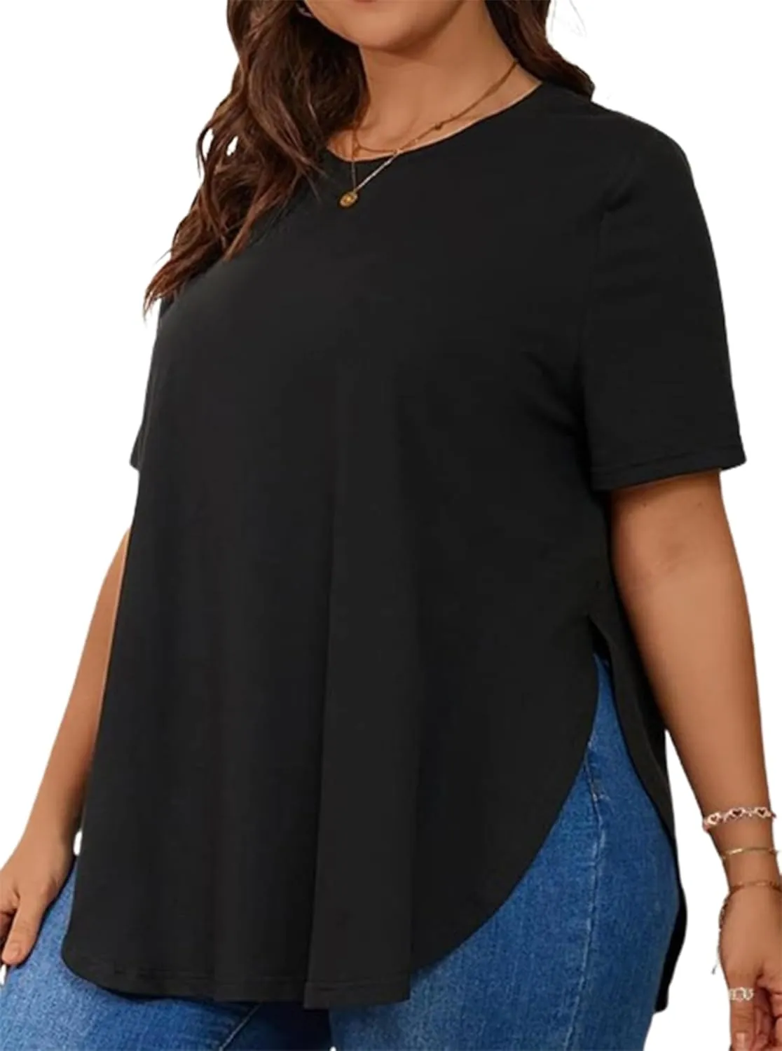 Hilinker Women's Plus Size Short Sleeve Tunic Tops Loose Fit Dressy Side Slit Tees Asymmetrical Hem T Shirts