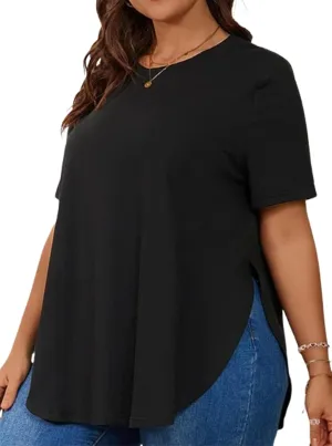 Hilinker Women's Plus Size Short Sleeve Tunic Tops Loose Fit Dressy Side Slit Tees Asymmetrical Hem T Shirts