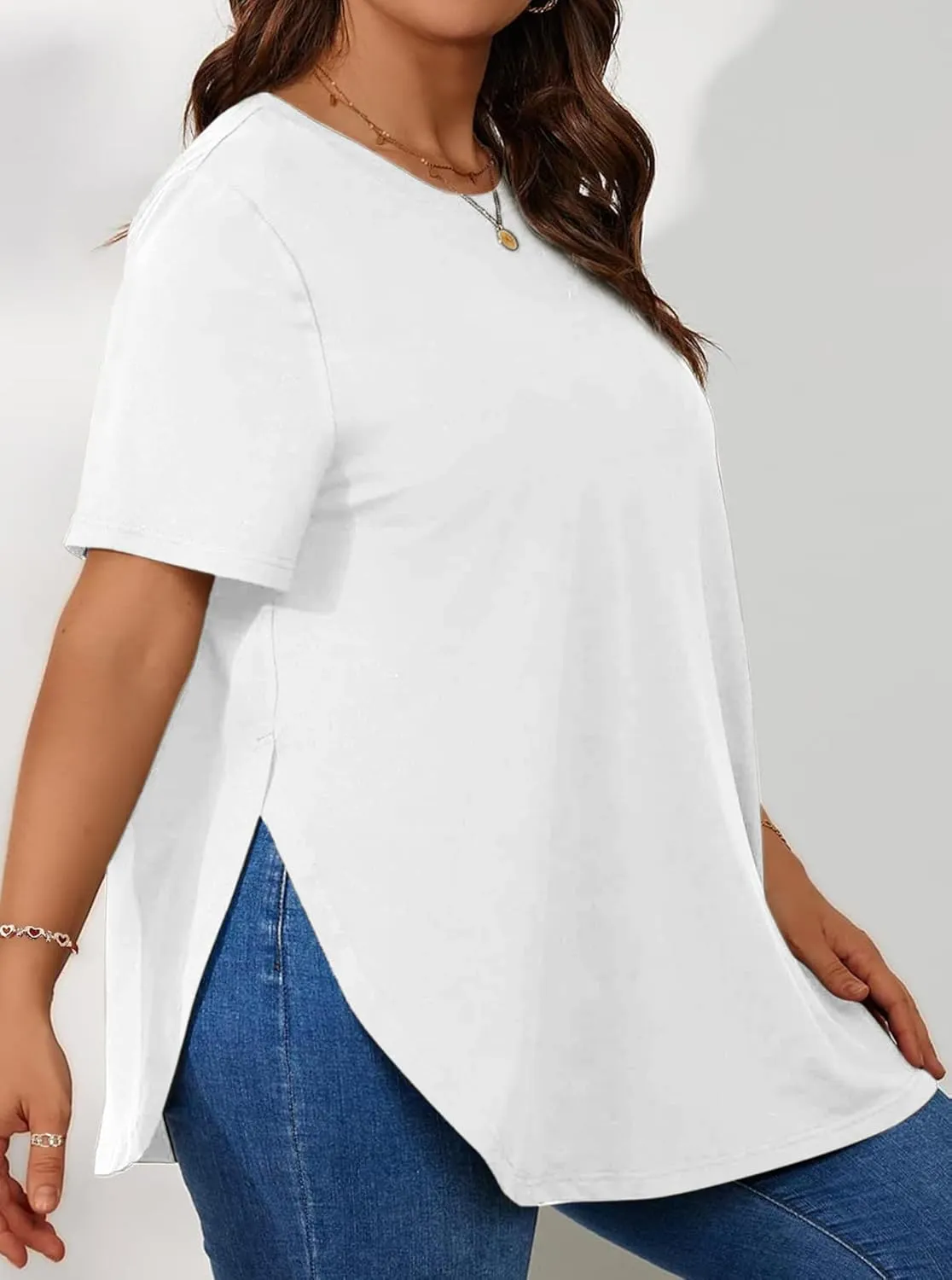 Hilinker Women's Plus Size Short Sleeve Tunic Tops Loose Fit Dressy Side Slit Tees Asymmetrical Hem T Shirts