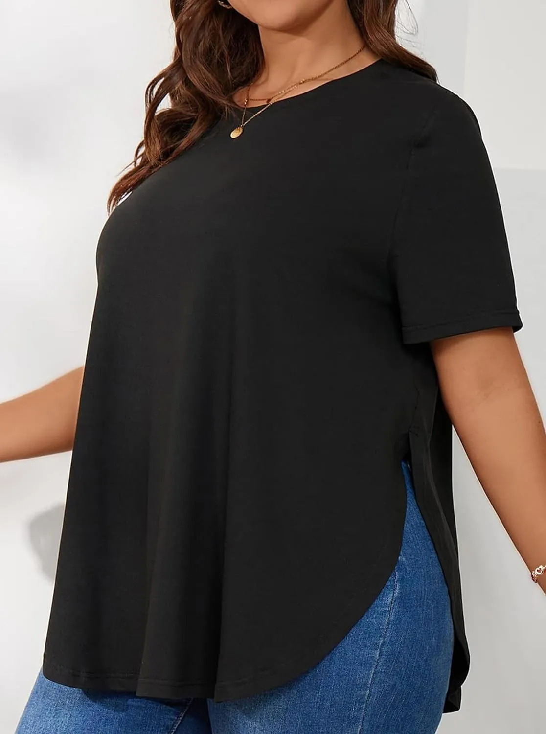 Hilinker Women's Plus Size Short Sleeve Tunic Tops Loose Fit Dressy Side Slit Tees Asymmetrical Hem T Shirts