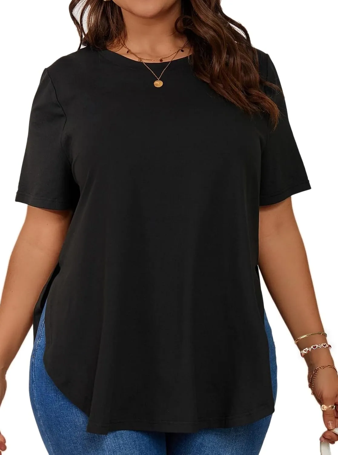 Hilinker Women's Plus Size Short Sleeve Tunic Tops Loose Fit Dressy Side Slit Tees Asymmetrical Hem T Shirts