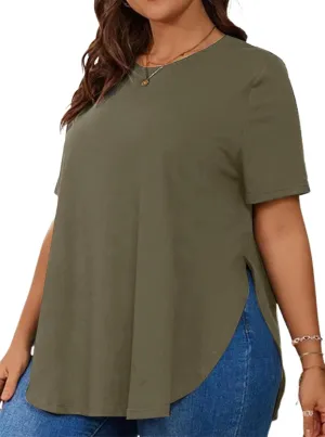 Hilinker Women's Plus Size Short Sleeve Tunic Tops Loose Fit Dressy Side Slit Tees Asymmetrical Hem T Shirts