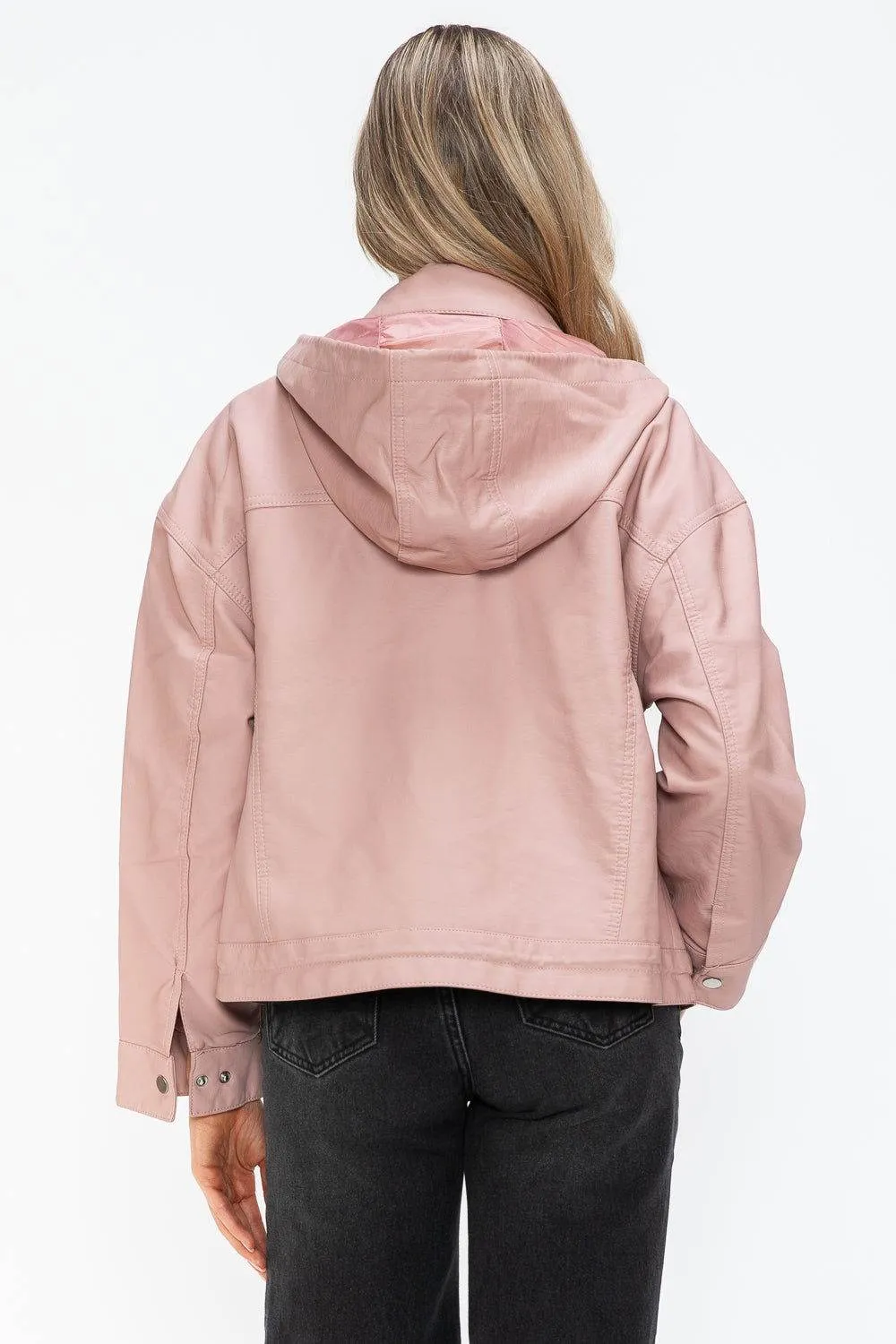 How Dare U Drawstring Hem PU Leather Zip Up Jacket In Mauve