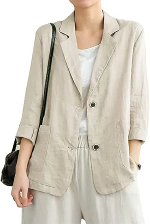 IDEALSANXUN Cotton Linen Blazer for Womens Long Sleeve Loose Casual Blazer Jackets