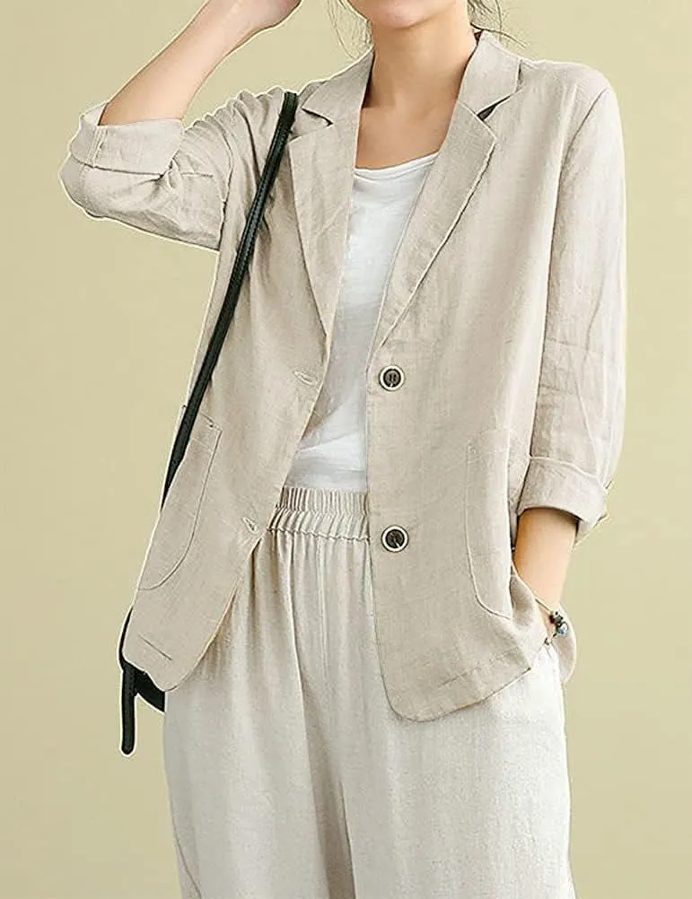 IDEALSANXUN Cotton Linen Blazer for Womens Long Sleeve Loose Casual Blazer Jackets