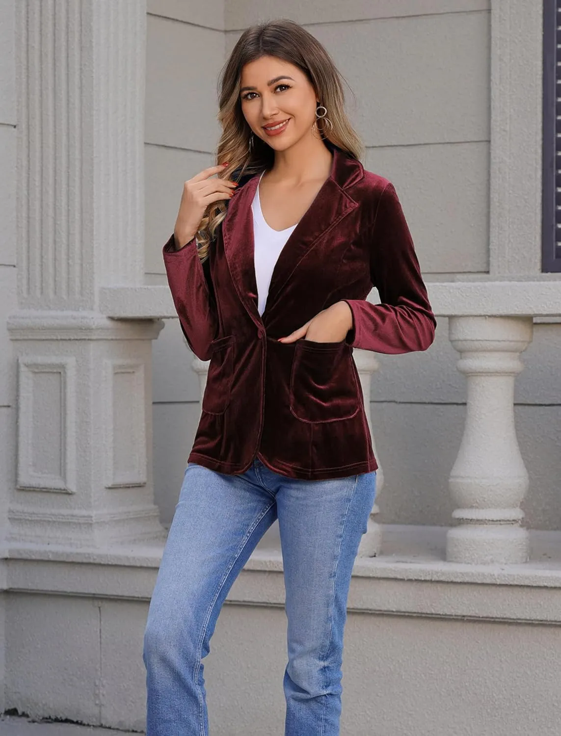 IDOPIP Women's Velvet Blazer Jacket Long Sleeve Lapel Open Front Cardigan Coat Casual Office Blazer Jacket Suits with Pockets