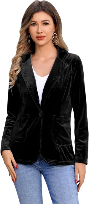 IDOPIP Women's Velvet Blazer Jacket Long Sleeve Lapel Open Front Cardigan Coat Casual Office Blazer Jacket Suits with Pockets
