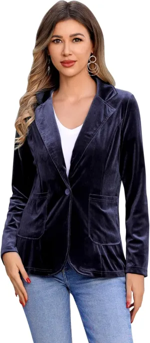 IDOPIP Women's Velvet Blazer Jacket Long Sleeve Lapel Open Front Cardigan Coat Casual Office Blazer Jacket Suits with Pockets