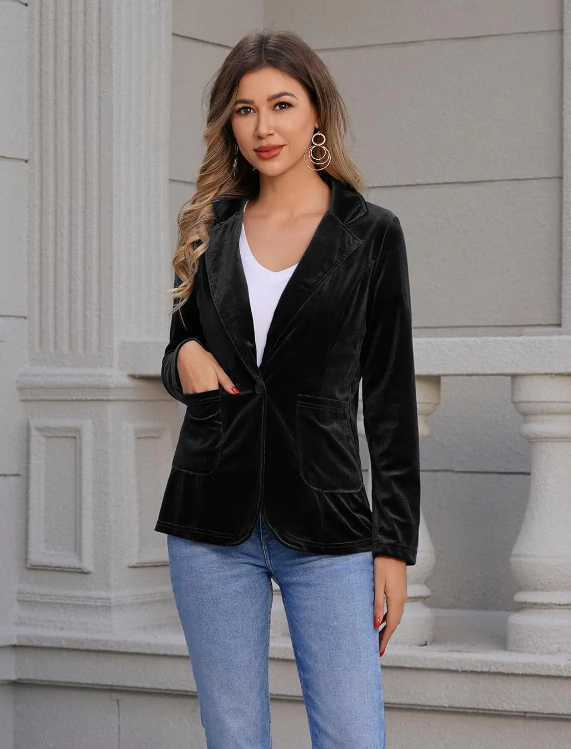 IDOPIP Women's Velvet Blazer Jacket Long Sleeve Lapel Open Front Cardigan Coat Casual Office Blazer Jacket Suits with Pockets