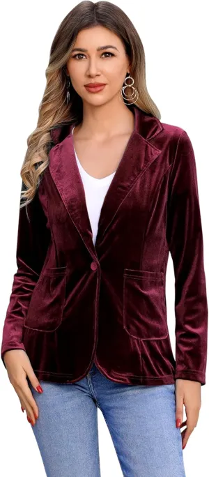IDOPIP Women's Velvet Blazer Jacket Long Sleeve Lapel Open Front Cardigan Coat Casual Office Blazer Jacket Suits with Pockets