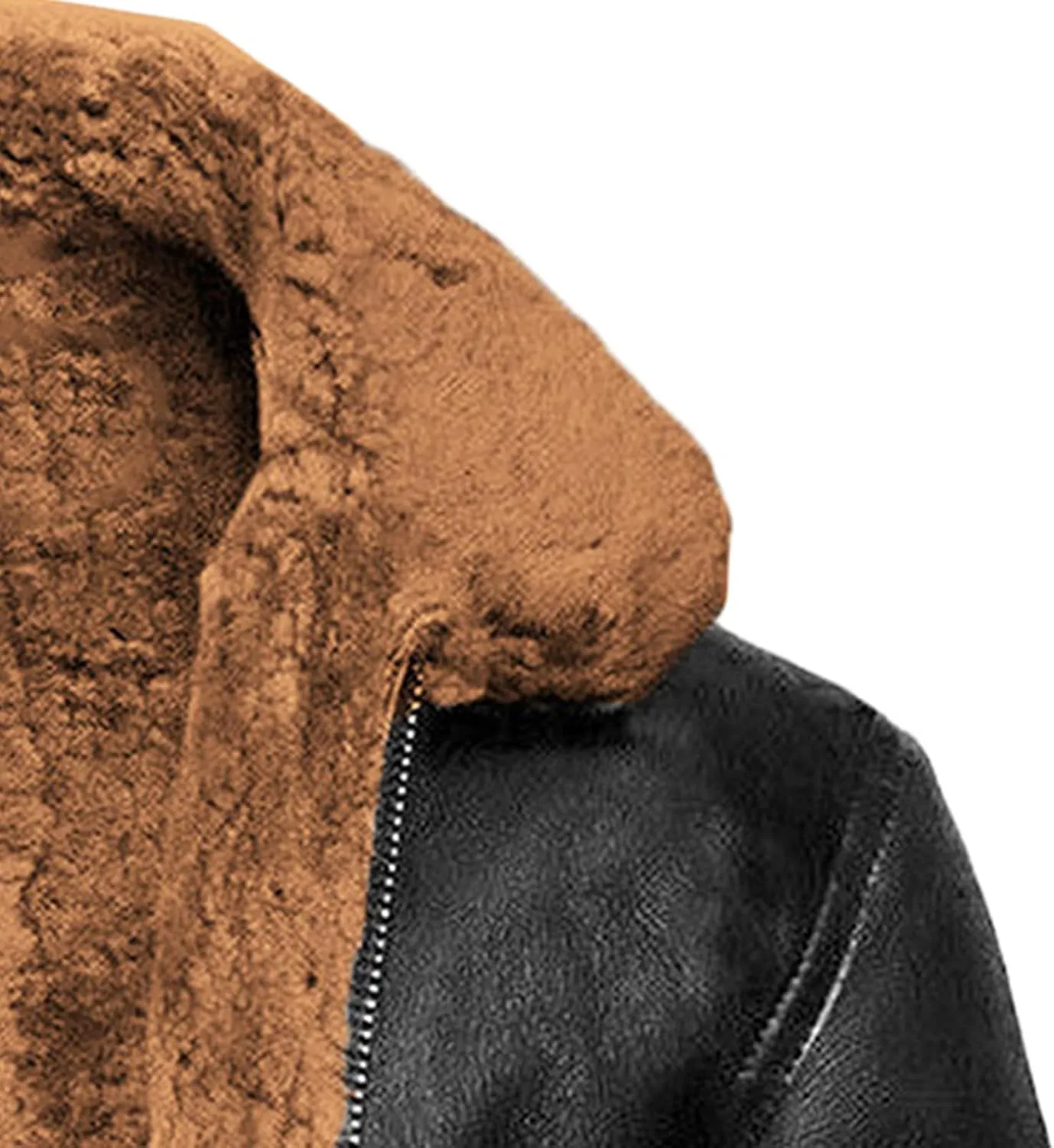 JEsilunmaMY Winter Fuzzy Sherpa Leather Coat for Men Fleece Lined Fur Collar Motorcycle Jacket Warm Thicken Bomber Overcoat