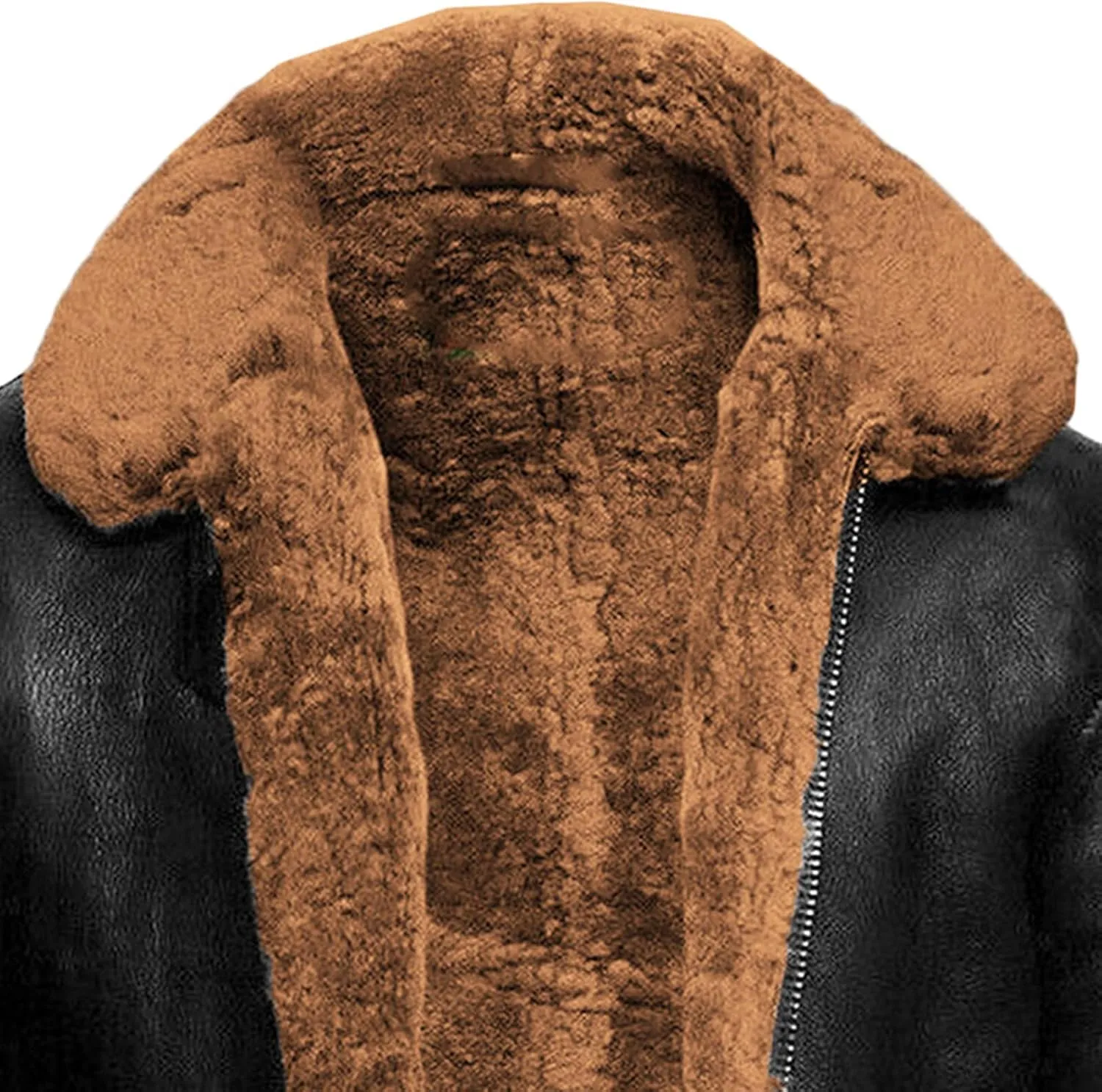 JEsilunmaMY Winter Fuzzy Sherpa Leather Coat for Men Fleece Lined Fur Collar Motorcycle Jacket Warm Thicken Bomber Overcoat