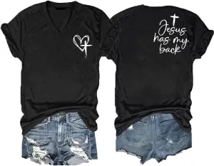Jesus Has My Back Tee Womens Plus Size Faith in Jesus V Neck Christian Inspirational Graphic Top