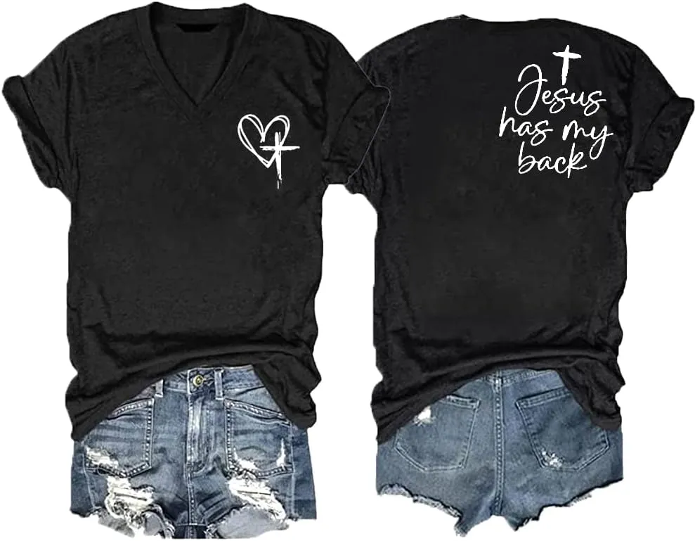 Jesus Has My Back Tee Womens Plus Size Faith in Jesus V Neck Christian Inspirational Graphic Top