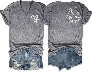 Jesus Has My Back Tee Womens Plus Size Faith in Jesus V Neck Christian Inspirational Graphic Top